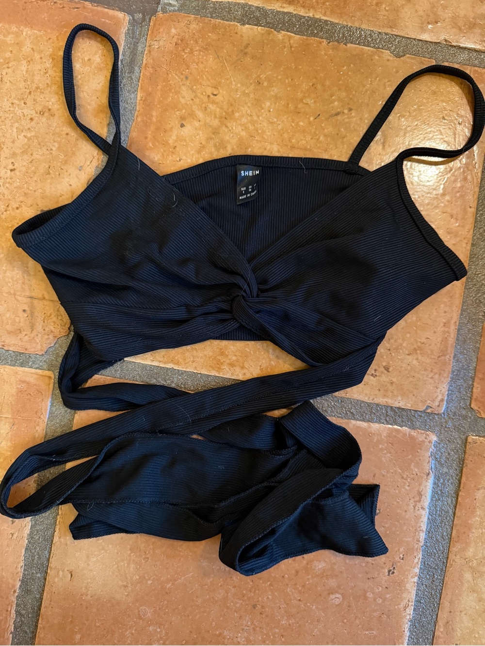 Black Ribbed Knot-Front Wrap Crop top
